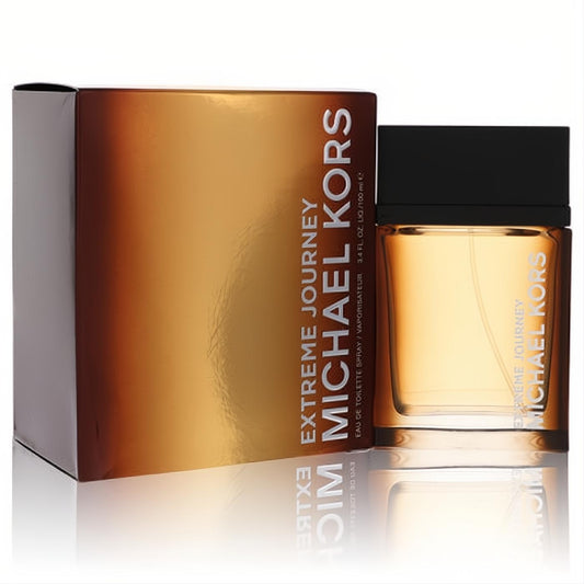 Michael Kors Extreme Journey 3.4 oz men's EDT. Bold amber liquid in a clear glass bottle with black cap, beside its striking gold box.