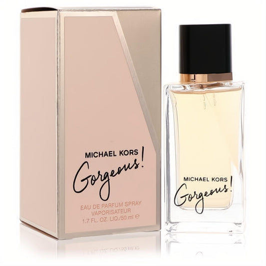 Experience Michael Kors Gorgeous 1.7 oz EDP. Clear glass bottle, black cap, and elegant rose gold box with gold stripe.