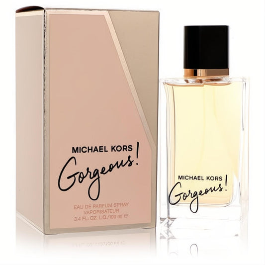 Michael Kors Gorgeous 3.4 oz women's EDP. Clear bottle, black cap with gold band, and elegant pink & gold box.