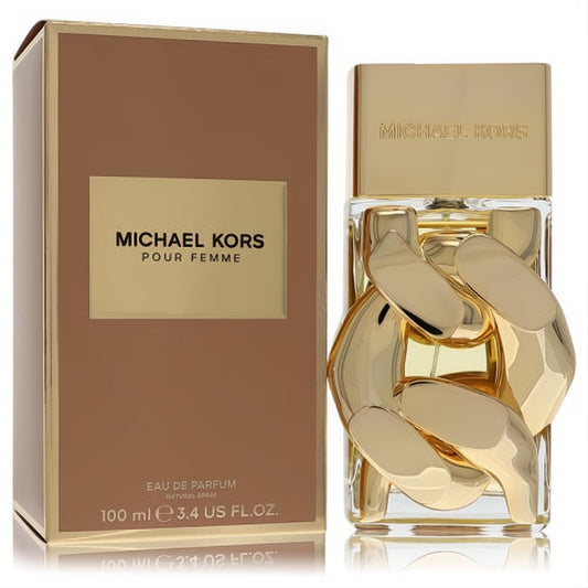 Luxurious Michael Kors Pour Femme 3.4 oz EDP. Clear bottle with a bold gold chain-link design and cap.