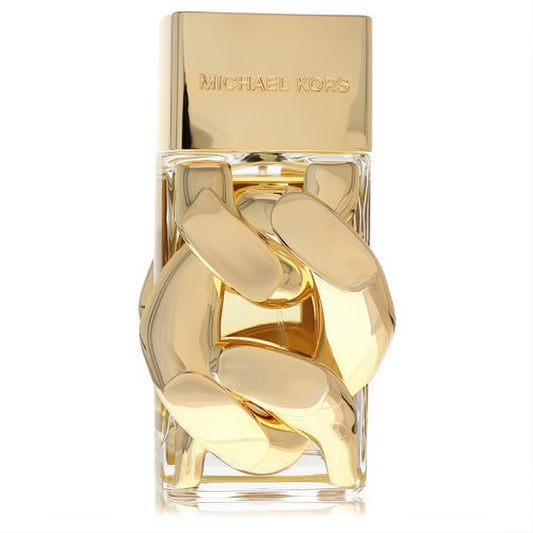 Luxurious Michael Kors Pour Femme 3.4 oz EDP spray. Clear bottle with iconic gold chain-link design and engraved gold cap.