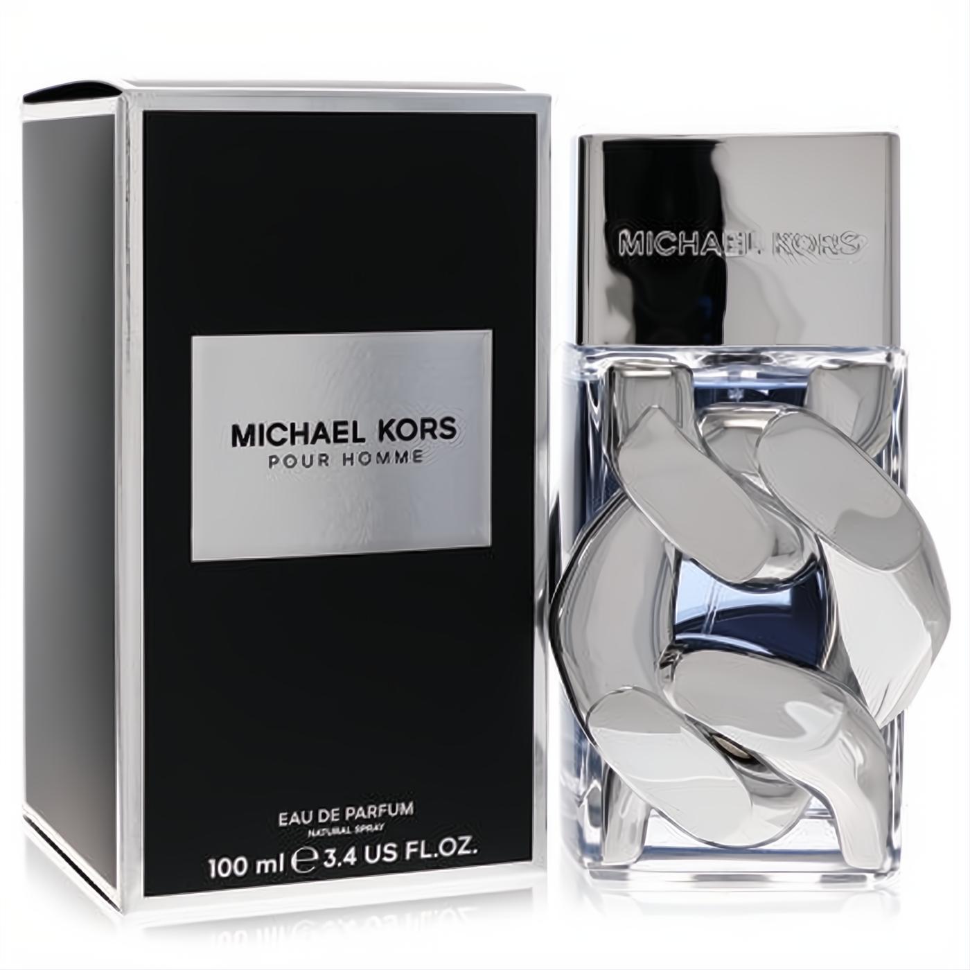 Michael Kors Pour Homme 3.4 oz Eau De Parfum. Clear bottle with a distinctive silver chain-link design and elegant black box.