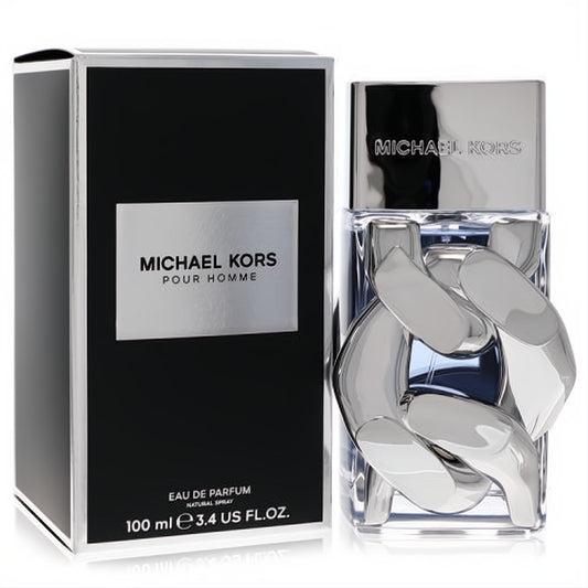 Michael Kors Pour Homme 3.4 oz Eau De Parfum. Clear bottle with a distinctive silver chain-link design and elegant black box.