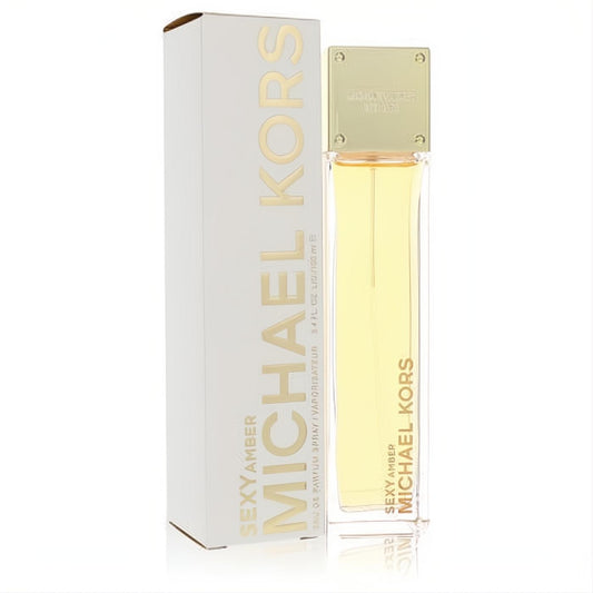 Michael Kors Sexy Amber 3.4 oz EDP. Luxurious golden perfume in a sleek glass bottle with elegant white & gold packaging.