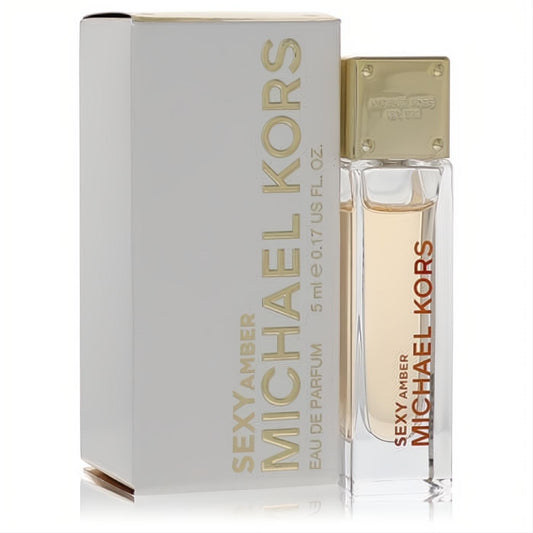 Michael Kors Sexy Amber mini EDP, 5ml. Clear bottle with warm amber liquid, elegant gold cap, and matching white box.