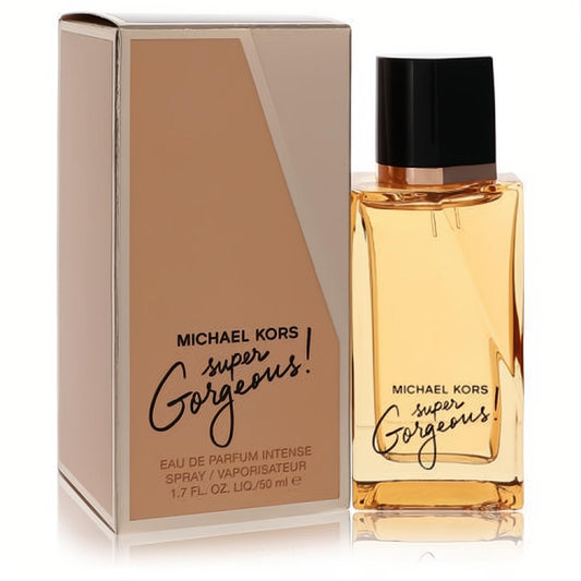 Michael Kors Super Gorgeous 1.7oz EDP. Golden intense perfume in a sleek glass bottle with black cap, next to its chic metallic box.