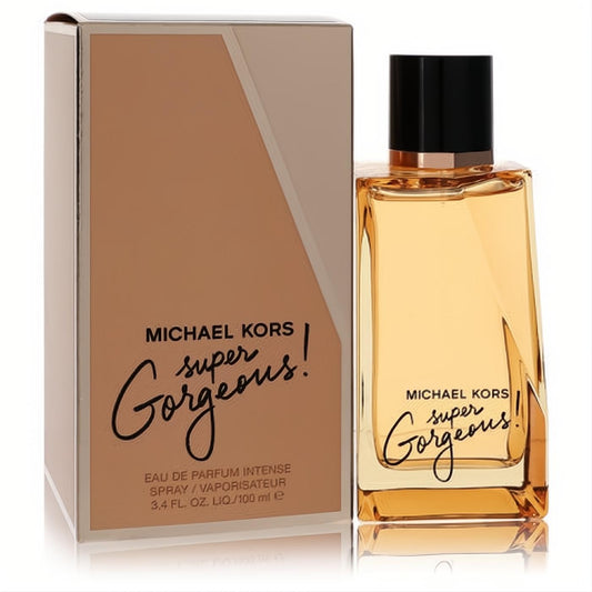 Luxurious Michael Kors Super Gorgeous 3.4 oz Eau de Parfum Intense. Golden amber fragrance in a sleek glass bottle with a matching elegant box.