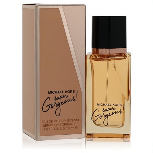 Michael Kors Super Gorgeous 1 oz EDP. Golden perfume in a sleek bottle with black cap, next to its rose gold accented box.