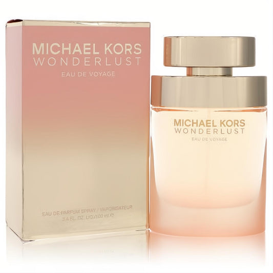 Luxurious Michael Kors Wonderlust Eau De Voyage 3.4 oz EDP. Features a stunning peach ombre bottle with a sleek gold cap and matching box.
