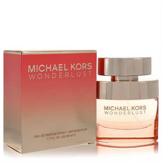 Michael Kors Wonderlust 1.7 oz EDP: clear bottle, rose gold cap, coral liquid, and elegant coral-gold gradient box.
