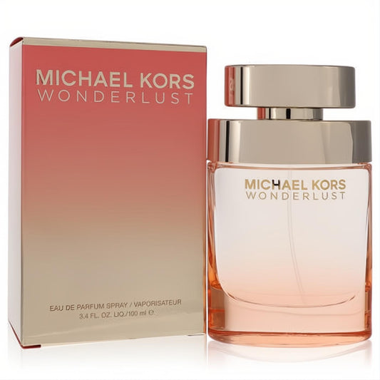 Experience Michael Kors Wonderlust 3.4 oz EDP. Elegant clear glass bottle, gold cap, soft peach liquid, and matching gradient box.