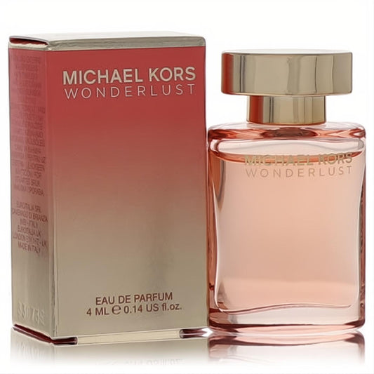 Elegant Michael Kors Wonderlust .14 oz mini EDP perfume. Features a peach liquid in a glass bottle with a golden cap, beside a coral-gold box.