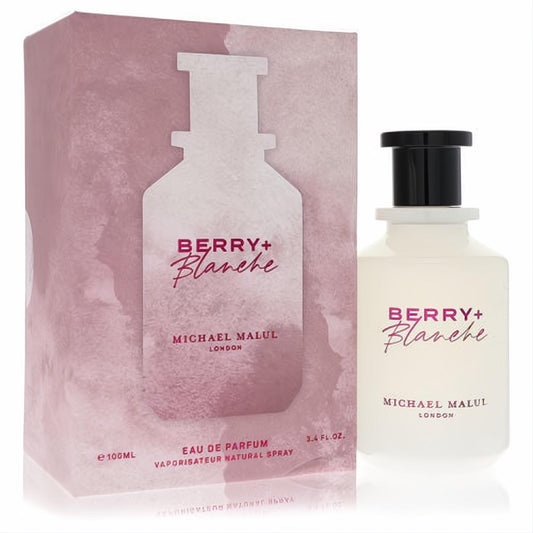 Indulge in Michael Malul Berry + Blanche 3.4 oz women's EDP. Frosted white bottle, sleek black cap, and a vibrant pink watercolor box.