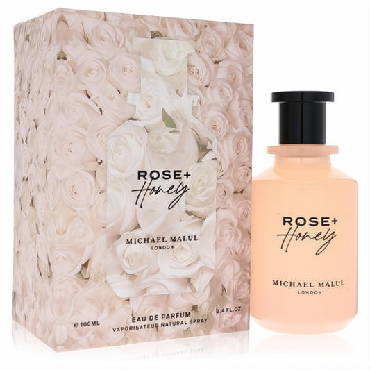 Michael Malul Rose + Honey 3.4 oz Eau De Parfum. Elegant peach glass bottle and exquisite rose-patterned box.