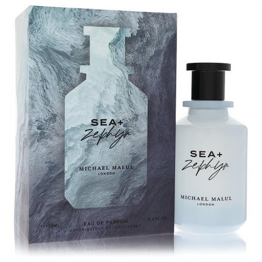 Michael Malul Sea + Zephyr 3.4 oz EDP for men. Frosted blue bottle, black cap, and elegant wave-patterned box.