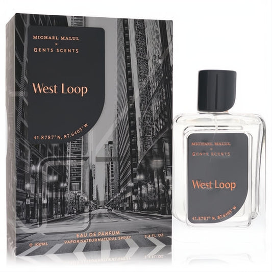 Michael Malul West Loop 3.4 oz men's EDP. Sleek clear bottle, black cap, and striking urban cityscape box with copper text.