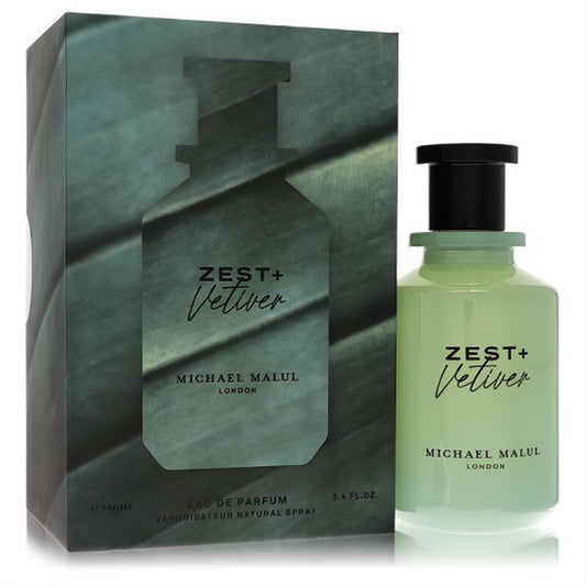Discover Michael Malul Zest + Vetiver 3.4 oz men's EDP. Refreshing light green bottle, sleek black cap, and elegant leaf-patterned box.