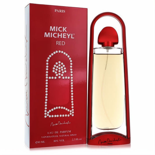 Captivating Mick Micheyl Red 2.7 oz women's fragrance spray, featuring a clear bottle in a striking arched red metal stand.
