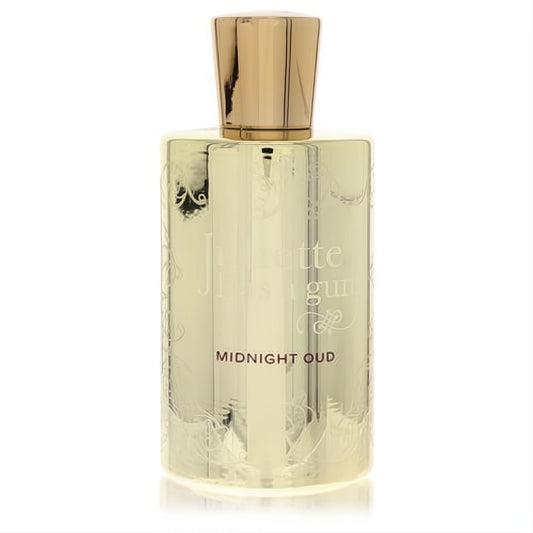 Elevate your scent with Juliette Has a Gun Midnight Oud. Elegant 3.4 oz gold glass perfume bottle, etched design, and radiant gold cap.