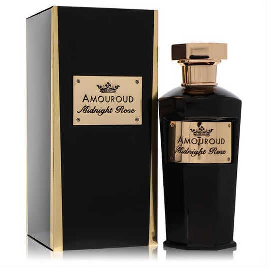Luxurious Amouroud Midnight Rose 3.4 oz EDP in a sleek black bottle with a radiant gold cap and elegant matching box.
