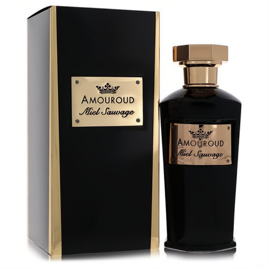 Amouroud Miel Sauvage black glass perfume bottle with elegant gold cap and matching box. Experience luxurious evening scent.