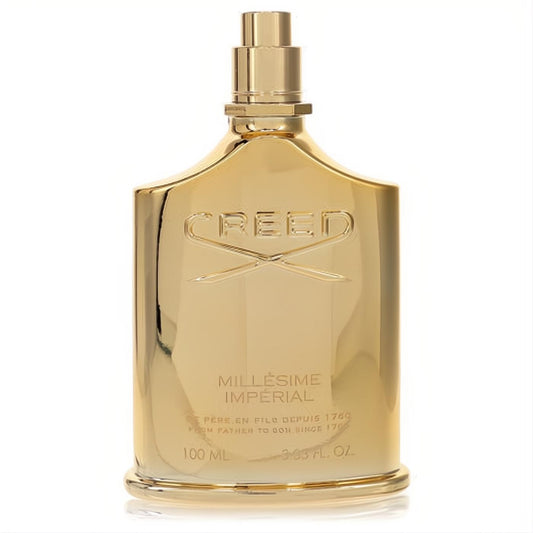Shimmering gold Creed Millesime Imperial 100ml EDP spray. Iconic unisex fragrance bottle with elegant design.