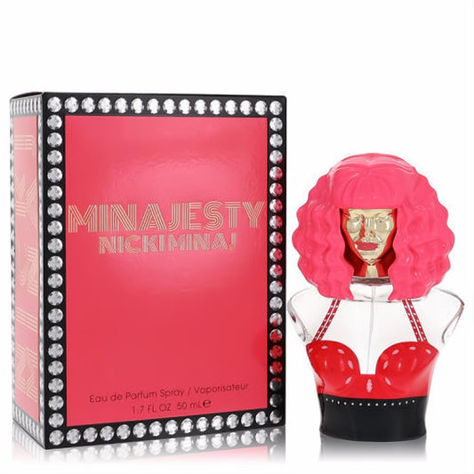 Minajesty Nicki Minaj 1.7 oz perfume bottle: gold face, vibrant pink hair, red studded bustier. Dazzling black and pink box.