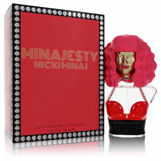 Dazzling Minajesty Nicki Minaj 3.4 oz EDP spray. Iconic pink-haired bottle with red top, beside a glamorous studded red box.
