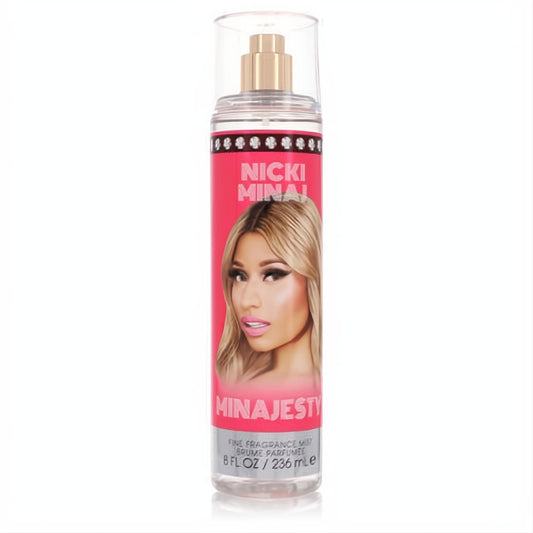 Nicki Minaj Minajesty 8 oz fine fragrance mist. Clear bottle, vibrant pink label with Nicki's portrait and gold sprayer.