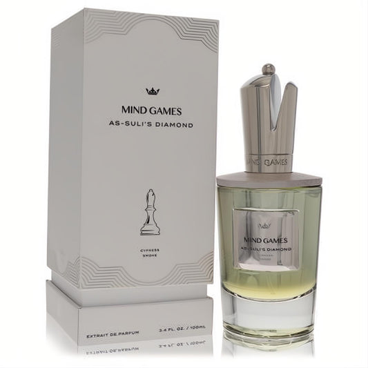 Mind Games As-Suli's Diamond 3.4 oz unisex extrait de parfum. Elegant bottle with pale green liquid, unique silver cap, and white chess-themed box.