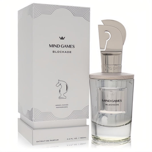 Mind Games Blockade 3.4 oz unisex extrait de parfum. Clear glass bottle, striking silver chess knight cap, and sophisticated white box.
