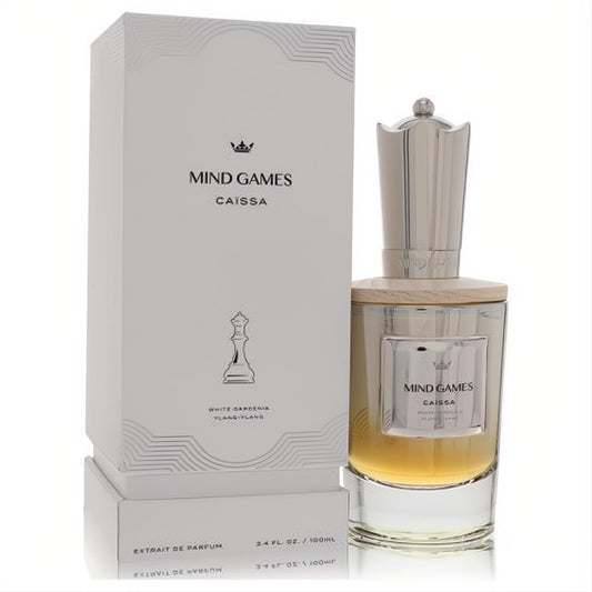 Luxurious Mind Games Caissa 3.4 oz Extrait De Parfum in a clear glass bottle with a unique silver chess crown cap and elegant white packaging.