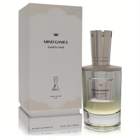 Luxurious Mind Games Castling Extrait De Parfum 3.4 oz spray. Features a clear bottle with a silver label, unique rook cap, and elegant white box.