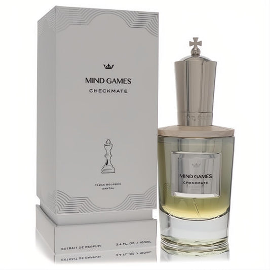 Experience luxury with Mind Games Checkmate 3.4 oz Extrait De Parfum. Stunning clear bottle, golden liquid, and unique silver chess-piece cap, presented with its elegant white box.