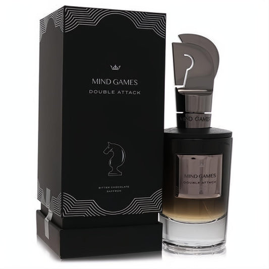 Mind Games Double Attack unisex Extrait De Parfum: luxurious black bottle with amber liquid, unique metallic chess knight cap.