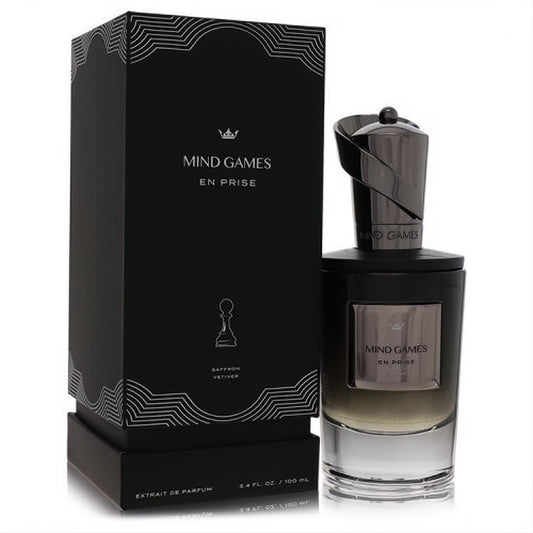 Sophisticated Mind Games En Prise 3.4 oz unisex perfume. Dark gradient bottle, metallic cap, and sleek black chess-themed box.