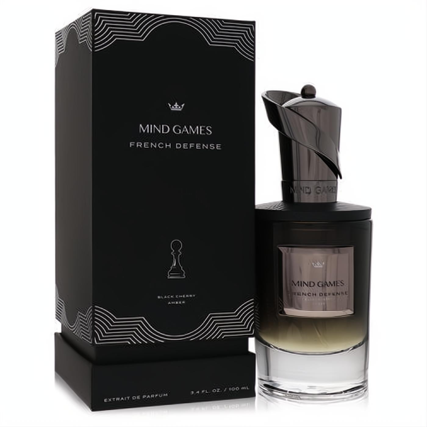 Mind Games French Defense unisex extrait de parfum, 3.4 oz. Sleek black ombre bottle, unique dark cap, and luxury chess-inspired box.