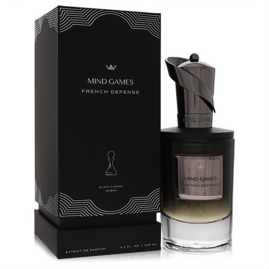 Mind Games French Defense unisex extrait de parfum, 3.4 oz. Sleek black ombre bottle, unique dark cap, and luxury chess-inspired box.