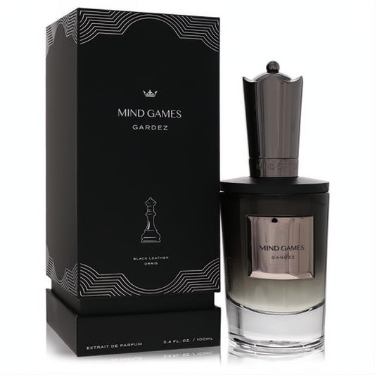 Mind Games Gardez 3.4 oz unisex extrait de parfum. Luxurious black box with silver chess design and a sophisticated gradient glass bottle.