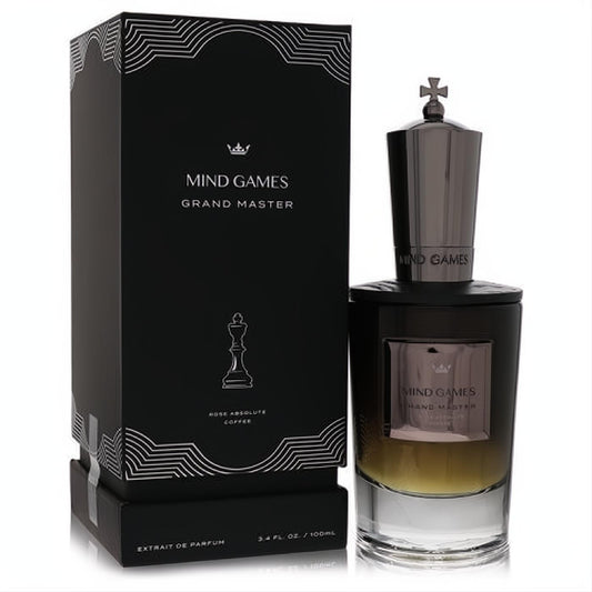 Elevate your scent with Mind Games Grand Master 3.4 oz Extrait De Parfum. Black chess box, elegant gradient bottle, metallic king cap.