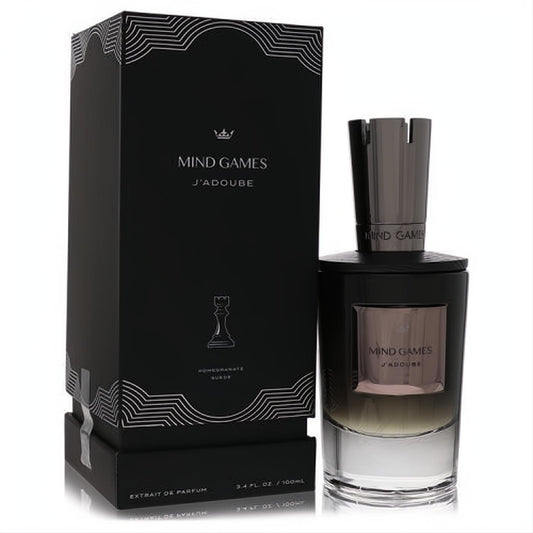 Sophisticated Mind Games J'Adoube 3.4 oz unisex Extrait De Parfum. Black box, dark gradient glass bottle, and metallic chess-piece cap.