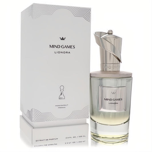 Elegant Mind Games Lionora Extrait De Parfum, 3.4 oz. Clear glass bottle with a unique sculptural silver cap and a sophisticated white luxury box.