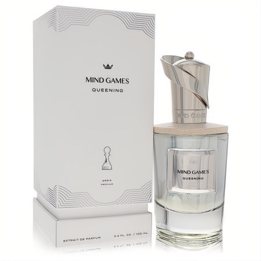 Mind Games Queening 3.4 oz Extrait De Parfum. Elegant clear bottle, ornate silver cap, and white chess-inspired box.