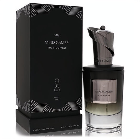 Mind Games Ruy Lopez 3.4 oz unisex Extrait De Parfum. Sleek black bottle, unique metallic cap, and elegant chess-themed box.
