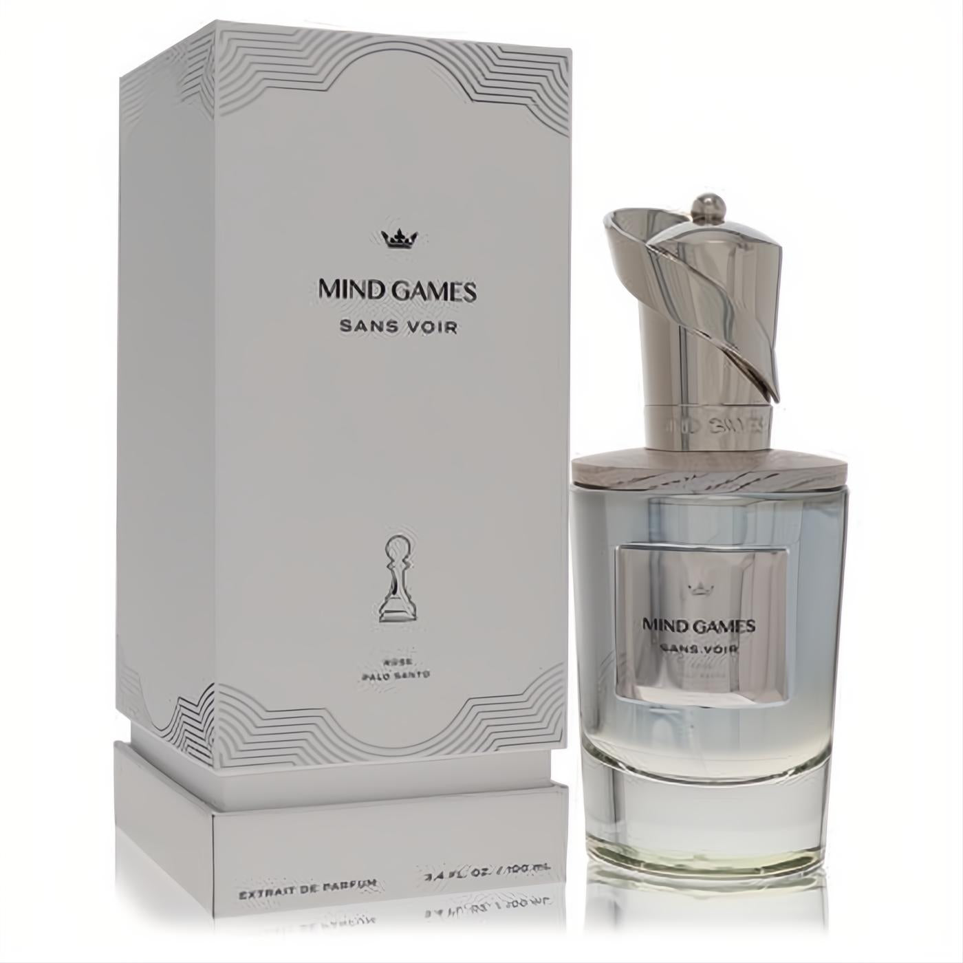 Elegant Mind Games Sans Voir 3.4 oz extrait de parfum. White box, clear glass bottle with a distinctive silver cap.