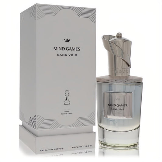 Elegant Mind Games Sans Voir 3.4 oz extrait de parfum. White box, clear glass bottle with a distinctive silver cap.
