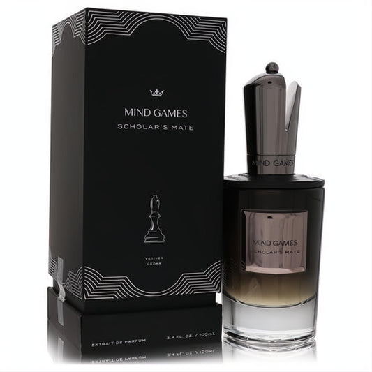 Sophisticated Mind Games Scholar's Mate 3.4 oz extrait de parfum. Dark gradient bottle, unique metallic cap, and elegant black chess-themed box.