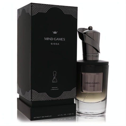 Stunning Mind Games Sissa unisex extrait de parfum, 3.4 oz. Black bottle with amber liquid, unique metallic cap, and elegant geometric black box.