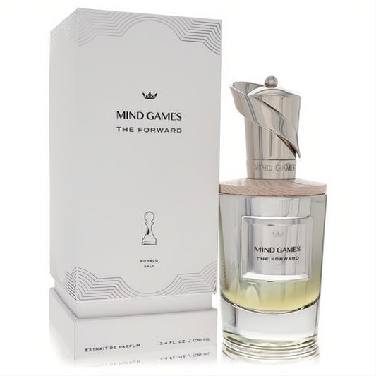 Mind Games The Forward 3.4 oz Extrait De Parfum. Elegant clear bottle, light yellow liquid, unique silver cap, and sophisticated white box.