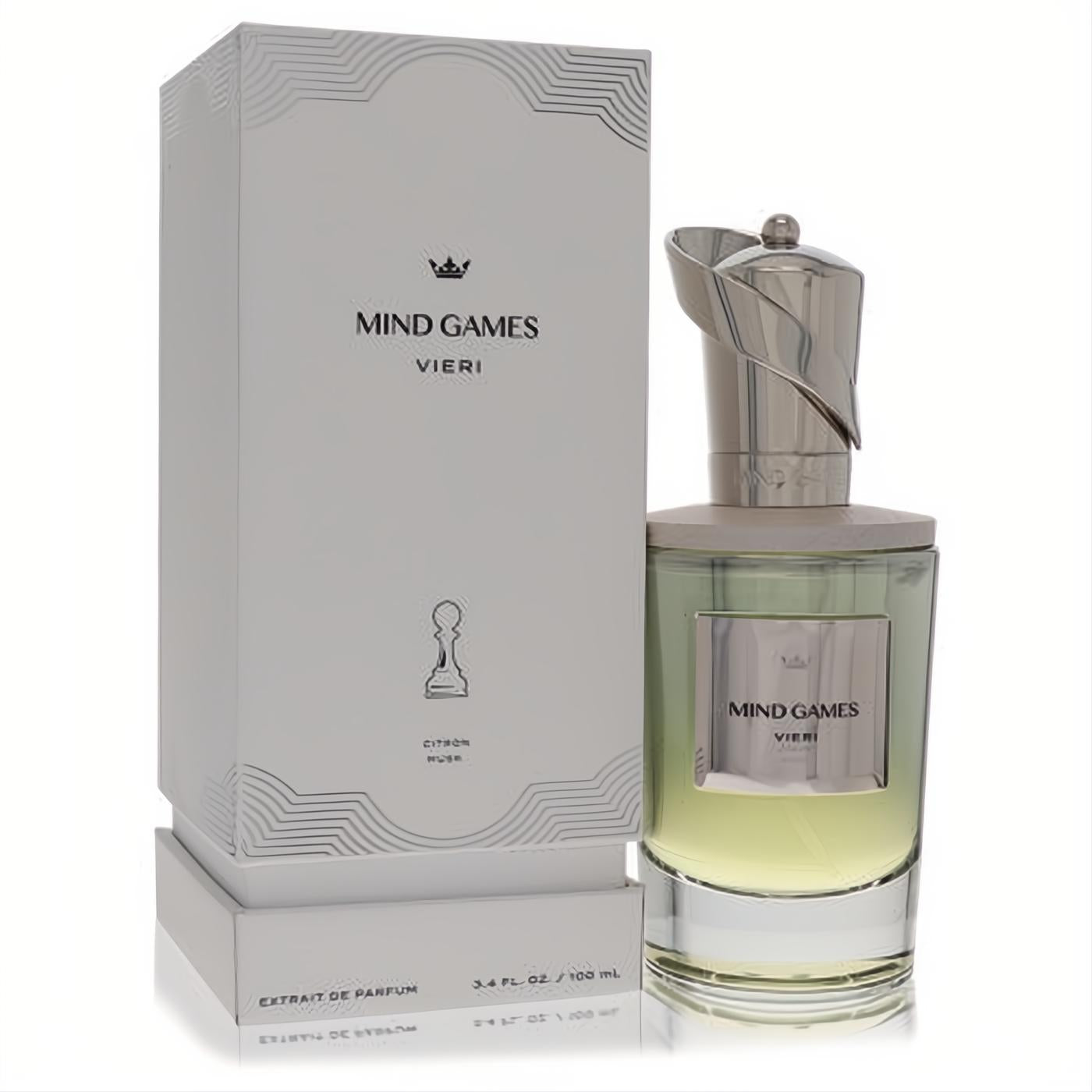 Mind Games Vieri 3.4 oz unisex extrait de parfum. Clear bottle with light green liquid, sleek silver sculptural cap, and white luxury box.